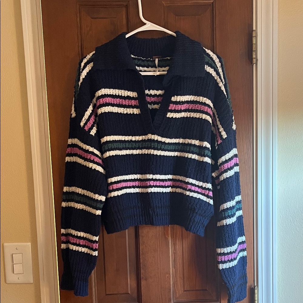 Free People Navy and Pink Striped V-Neck Sweater